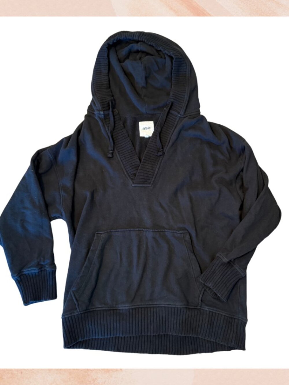 Aerie Solid Black Knit Hoodie V-Neck Sweater